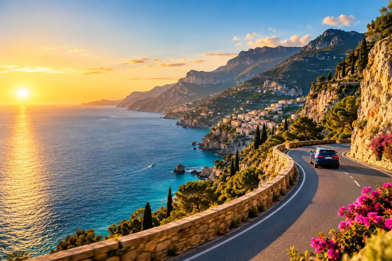 Carretera mediterránea junto al mar al atardecer
